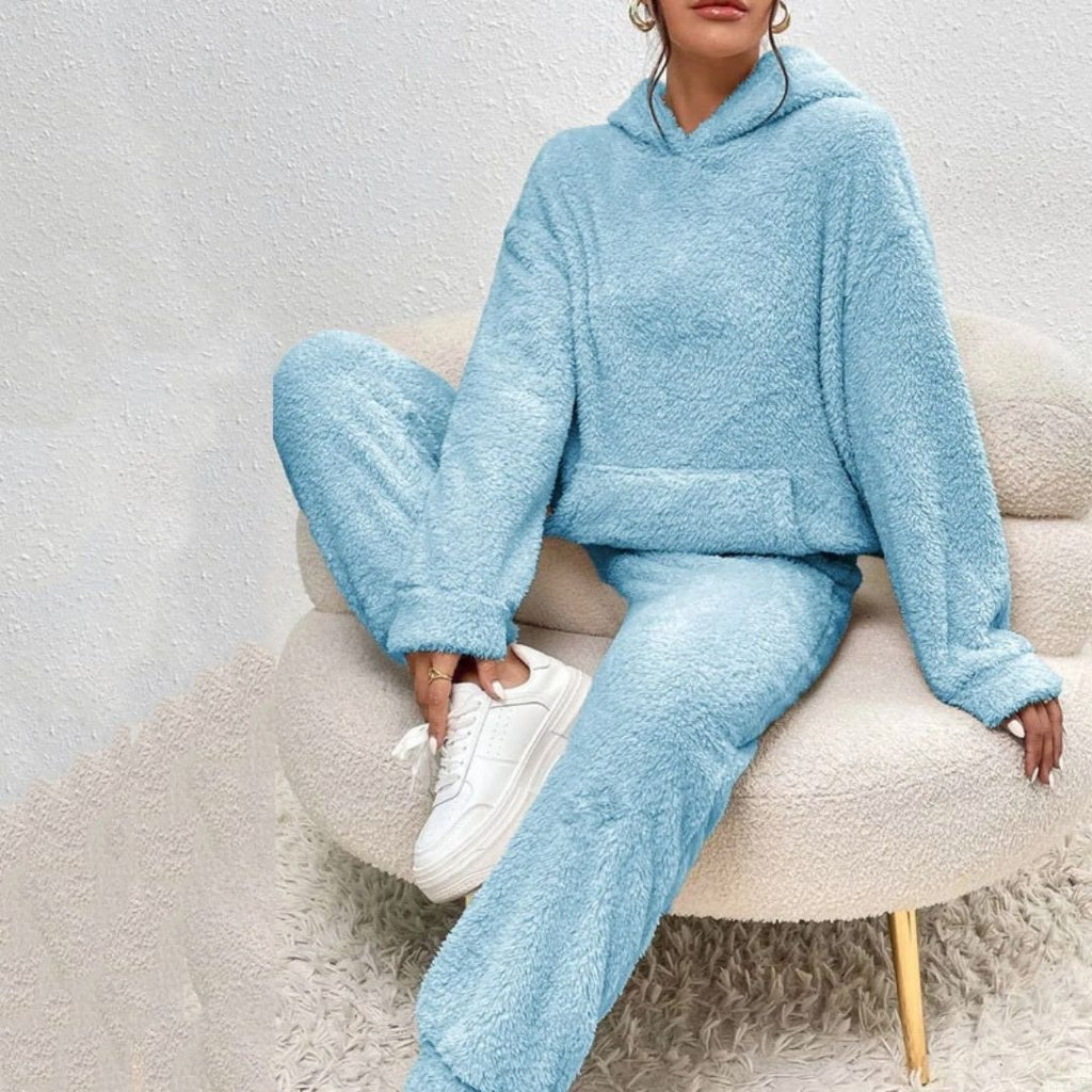 SUENTA Damen Fleece-Loungewear-Set Warme Weiche Fleece Lockere Passform Lange Ärmel Blau