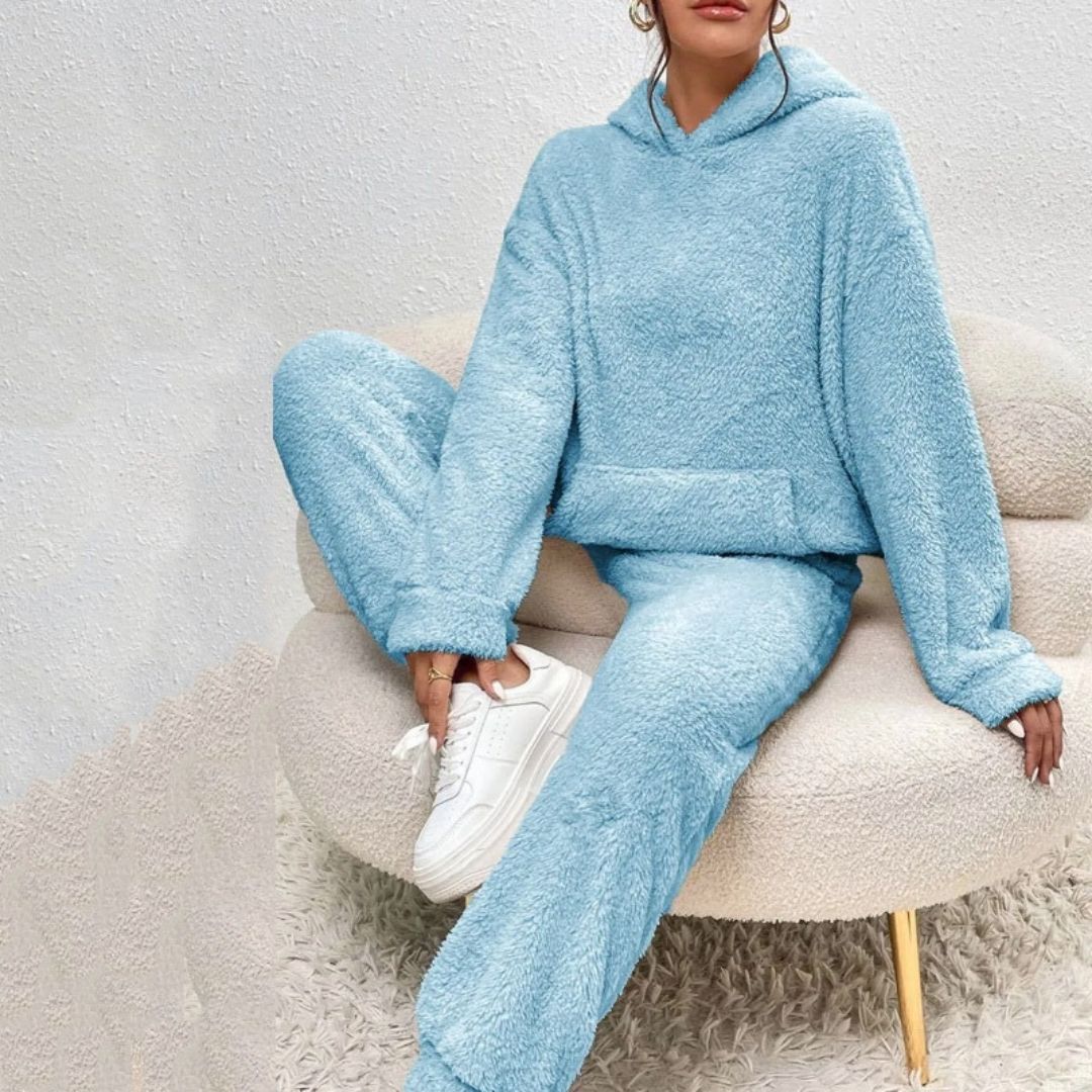 SUENTA Damen Fleece-Loungewear-Set Warme Weiche Fleece Lockere Passform Lange Ärmel Blau