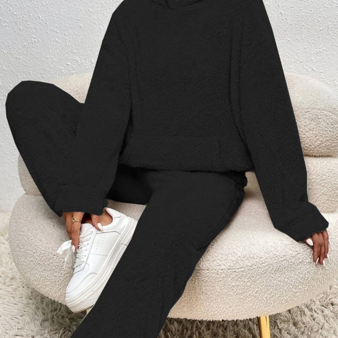 SUENTA Damen Fleece-Loungewear-Set Warme Weiche Fleece Lockere Passform Lange Ärmel Schwarz