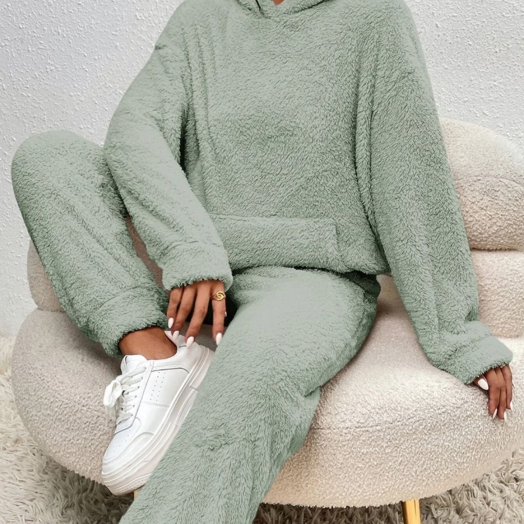 SUENTA Damen Fleece-Loungewear-Set Warme Weiche Fleece Lockere Passform Lange Ärmel Grün