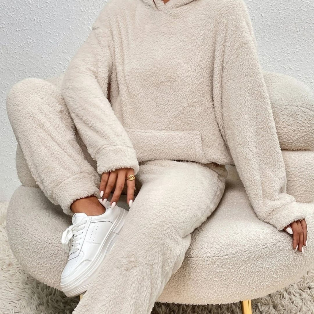 SUENTA Damen Fleece-Loungewear-Set Warme Weiche Fleece Lockere Passform Lange Ärmel Beige