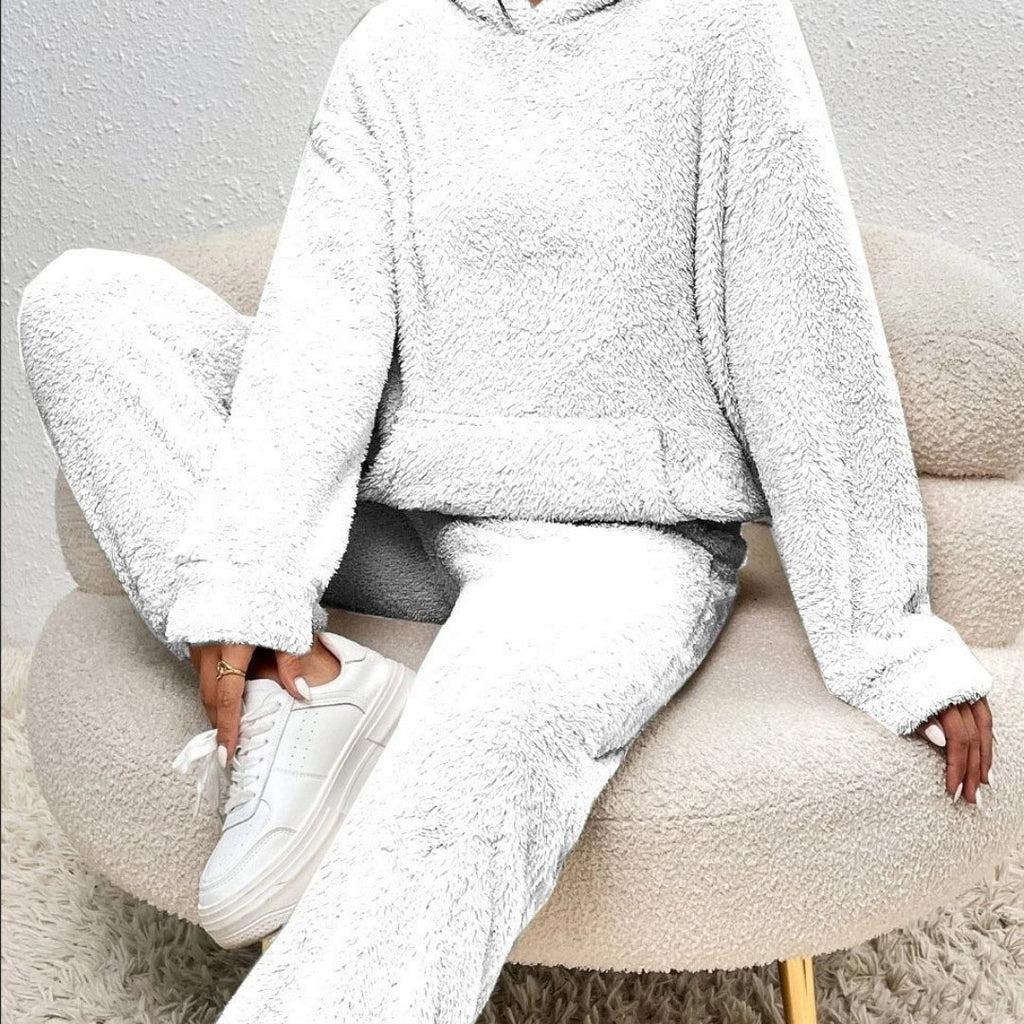 SUENTA Damen Fleece-Loungewear-Set Warme Weiche Fleece Lockere Passform Lange Ärmel Weiß