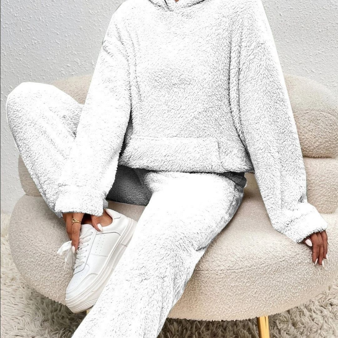SUENTA Damen Fleece-Loungewear-Set Warme Weiche Fleece Lockere Passform Lange Ärmel Weiß