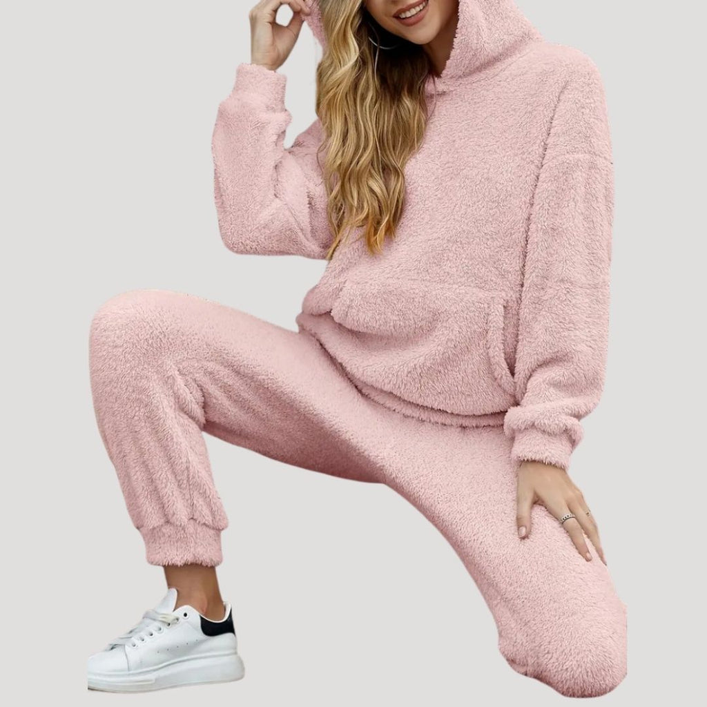 SUENTA Damen Fleece-Loungewear-Set Warme Weiche Fleece Lockere Passform Lange Ärmel Rosa