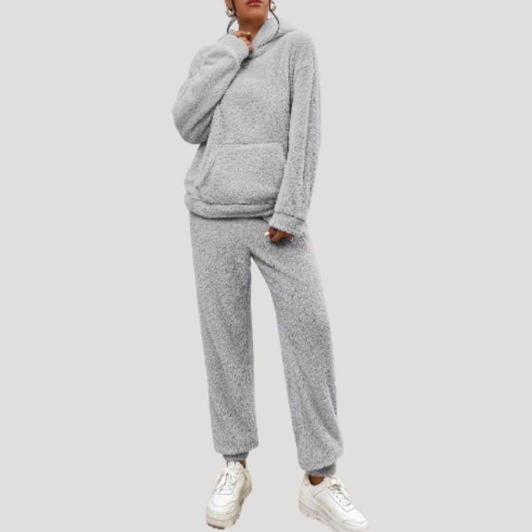 SUENTA Damen Fleece-Loungewear-Set Warme Weiche Fleece Lockere Passform Lange Ärmel Grau