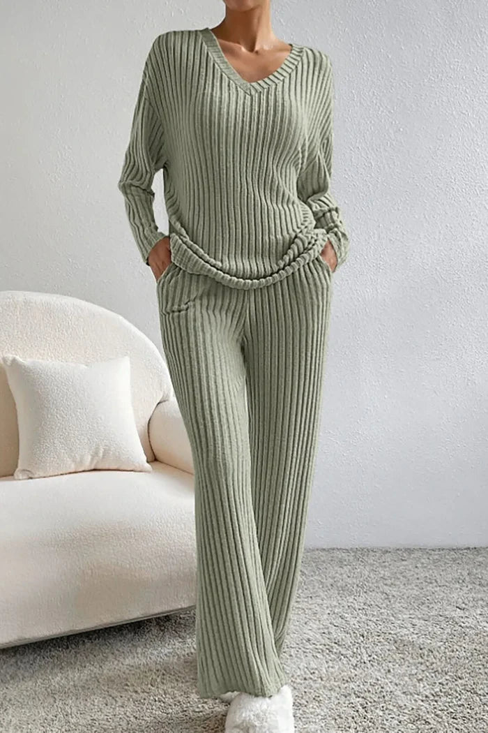 SUENTA Damen Loungewear-Set – Gerippter Zweiteiler & Weiche Textur Olivgrün