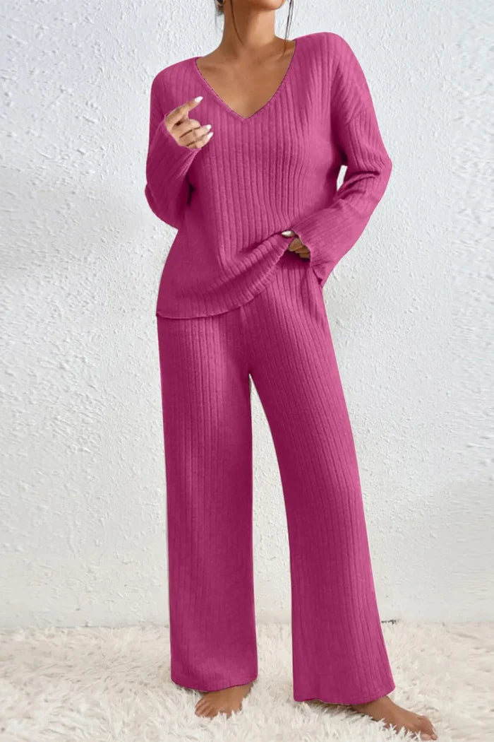 SUENTA Damen Loungewear-Set – Gerippter Zweiteiler & Weiche Textur Rosa