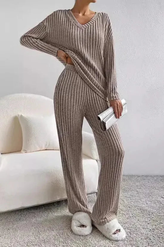 SUENTA Damen Loungewear-Set – Gerippter Zweiteiler & Weiche Textur Grau