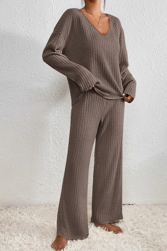 SUENTA Damen Loungewear-Set – Gerippter Zweiteiler & Weiche Textur Hellbraun
