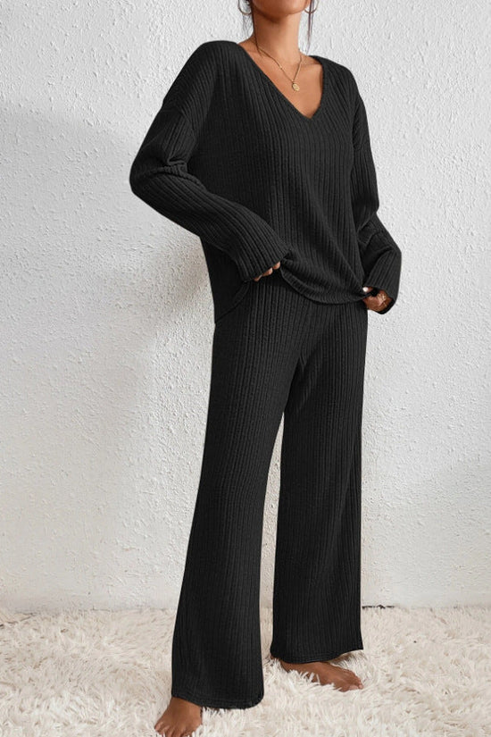 SUENTA Damen Loungewear-Set – Gerippter Zweiteiler & Weiche Textur Schwarz