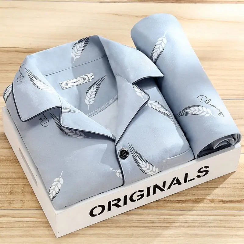 SUENTA Herren Gestreiftes Pyjama-Set Langarm Hose Streifen-Look Graue Feder