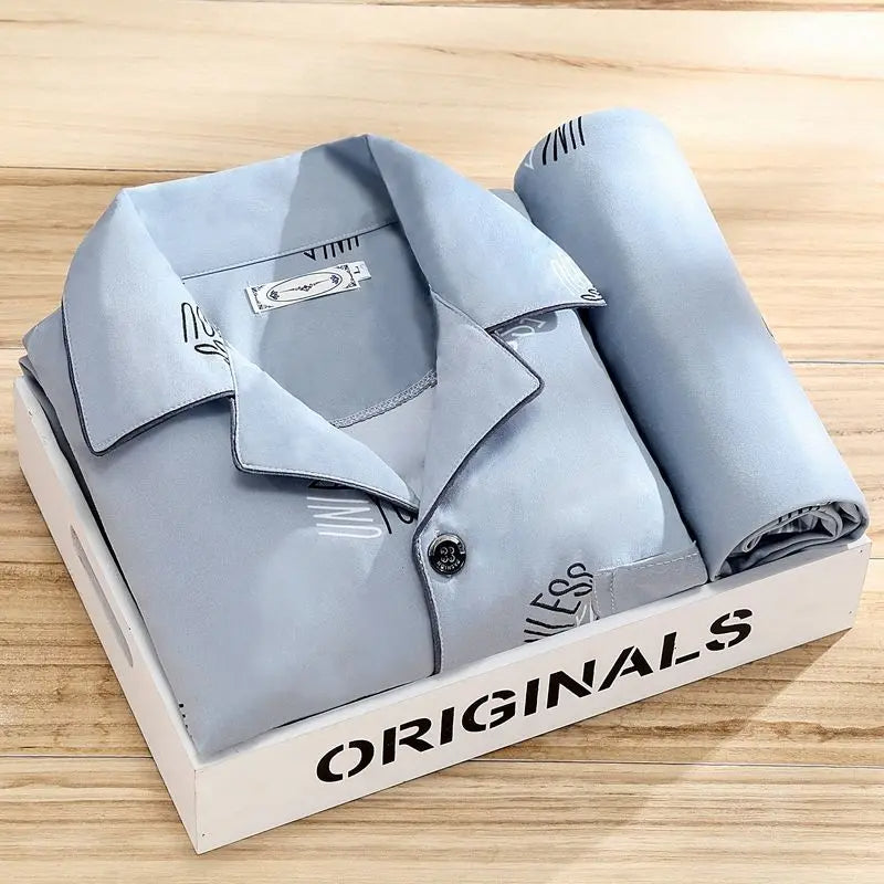 SUENTA Herren Gestreiftes Pyjama-Set Langarm Hose Streifen-Look Immergrüngrau