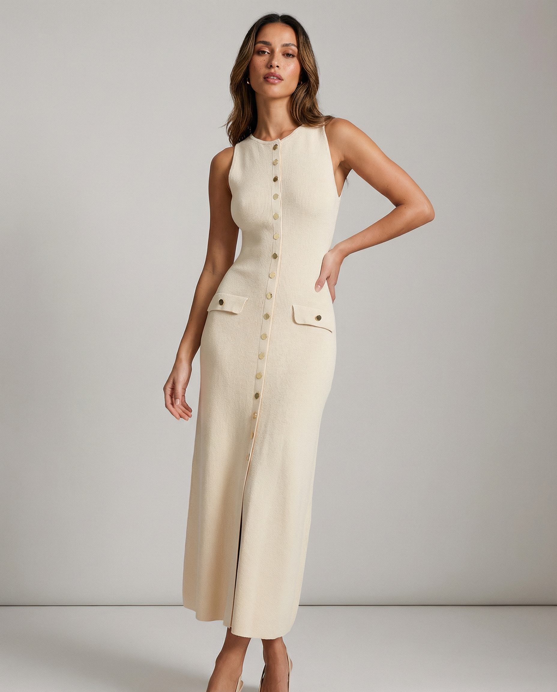 SUENTA Gestricktes Maxikleid – Elegantes ärmelloses figurbetontes Sommeroutfit