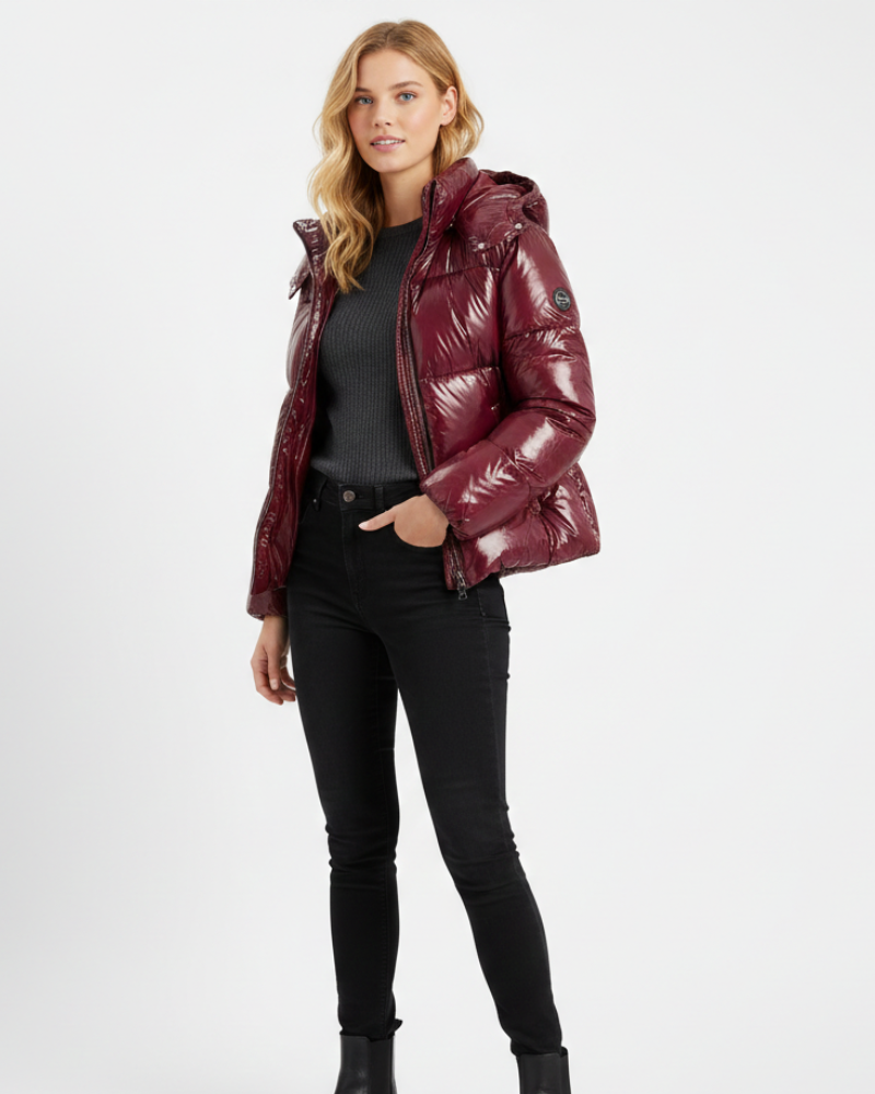 SUENTA Bersh - Damen Steppjacke Glänzend Warme Daunenjacke Mit Abnehmbarer Kapuze Rot
