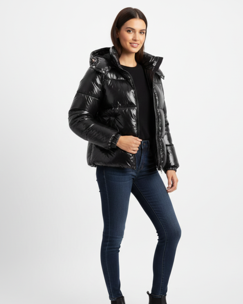 SUENTA Bersh - Damen Steppjacke Glänzend Warme Daunenjacke Mit Abnehmbarer Kapuze Schwarz