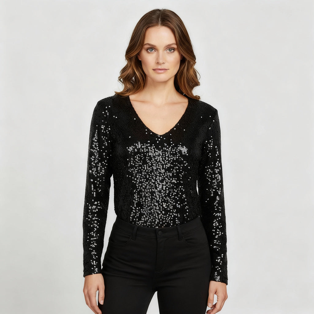 SUENTA Damen Glitzernde Party Eleganz V Ausschnitt Top Paillettenoptik Schwarz