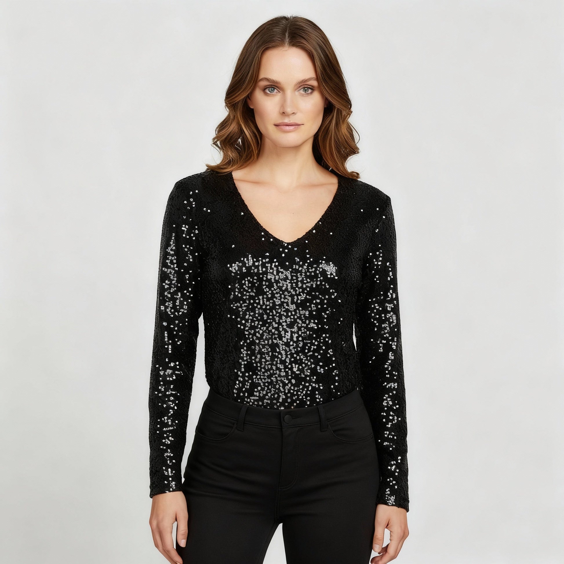 SUENTA Damen Glitzernde Party Eleganz V Ausschnitt Top Paillettenoptik Schwarz