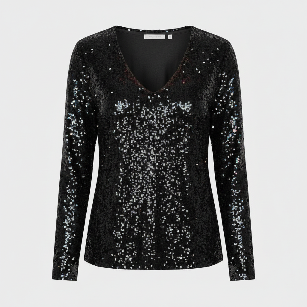 SUENTA Damen Glitzernde Party Eleganz V Ausschnitt Top Paillettenoptik