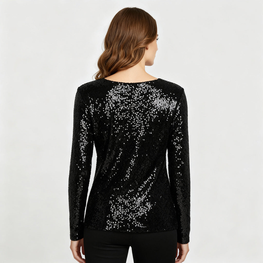 SUENTA Damen Glitzernde Party Eleganz V Ausschnitt Top Paillettenoptik