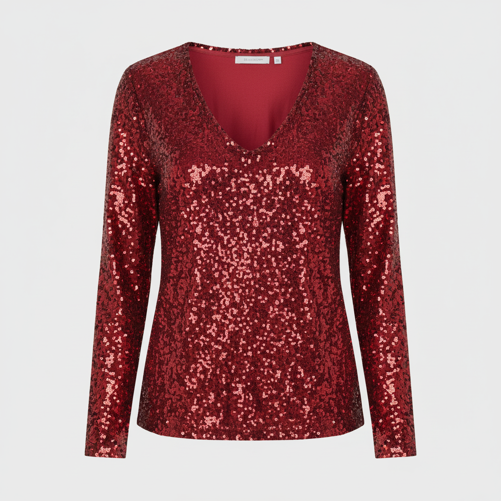 SUENTA Damen Glitzernde Party Eleganz V Ausschnitt Top Paillettenoptik Rot