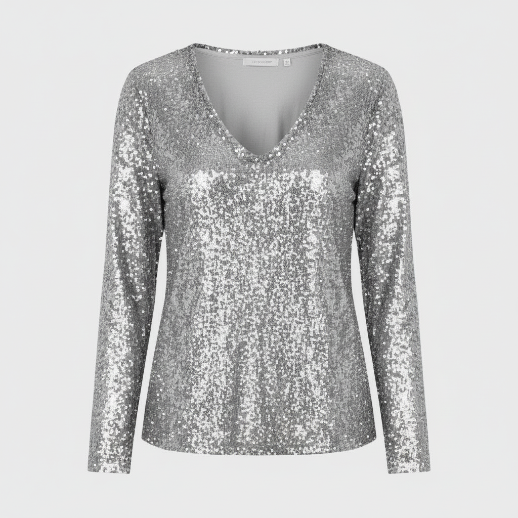 SUENTA Damen Glitzernde Party Eleganz V Ausschnitt Top Paillettenoptik Silber