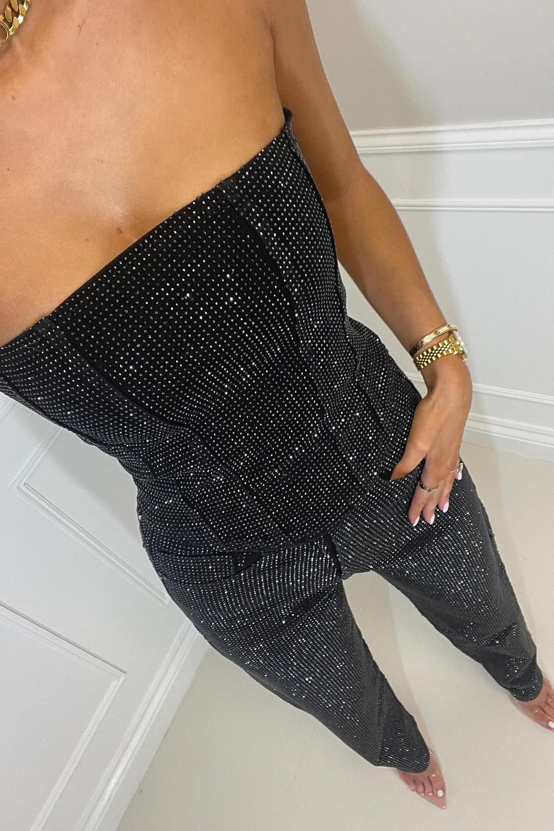 SUENTA Damen Hosen-Set Mit Schimmerndem Top Und Hochgeschnittenen Glitzerjeans