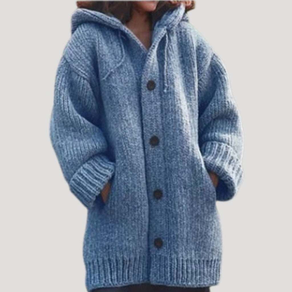 SUENTA Damen Grobstrick-Wintermantel Aus Wolle Lockere Passform Kapuze Blau
