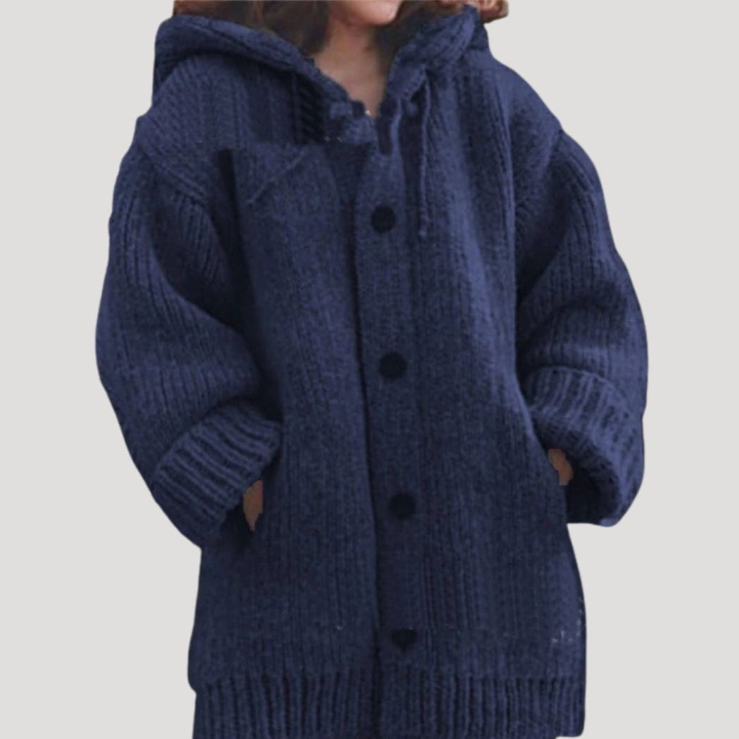 SUENTA Damen Grobstrick-Wintermantel Aus Wolle Lockere Passform Kapuze Marineblau
