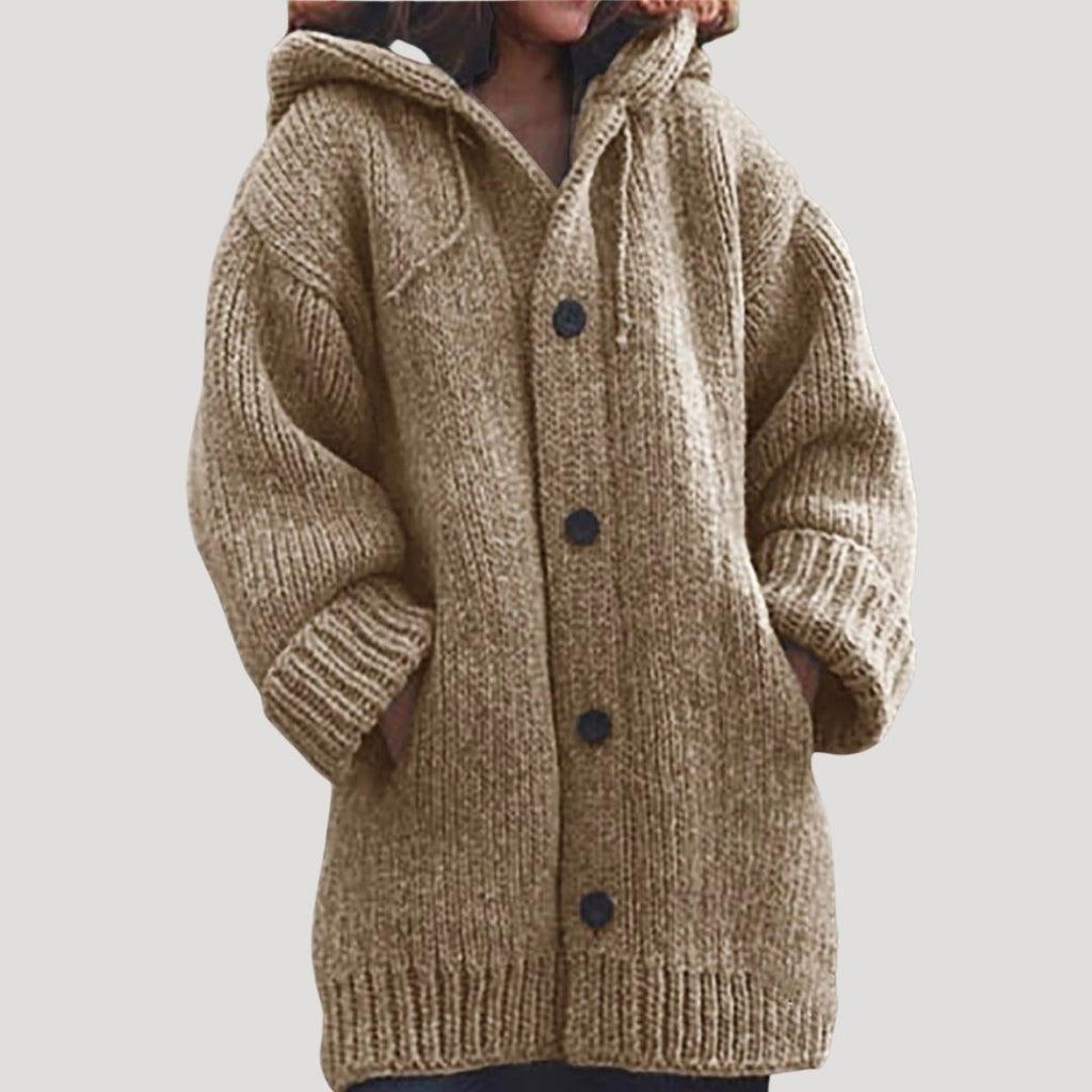 SUENTA Damen Grobstrick-Wintermantel Aus Wolle Lockere Passform Kapuze Beige
