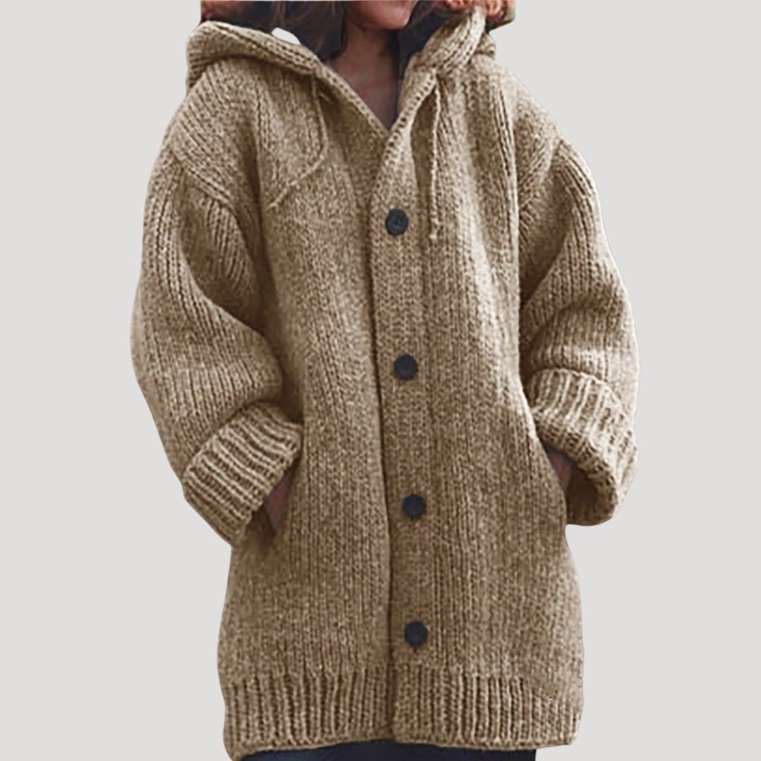 SUENTA Damen Grobstrick-Wintermantel Aus Wolle Lockere Passform Kapuze Beige