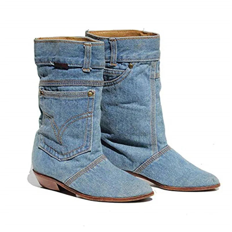 SUENTA Flames Damen Jeans-Stiefeletten - Kleiner Absatz mit Runder Spitze