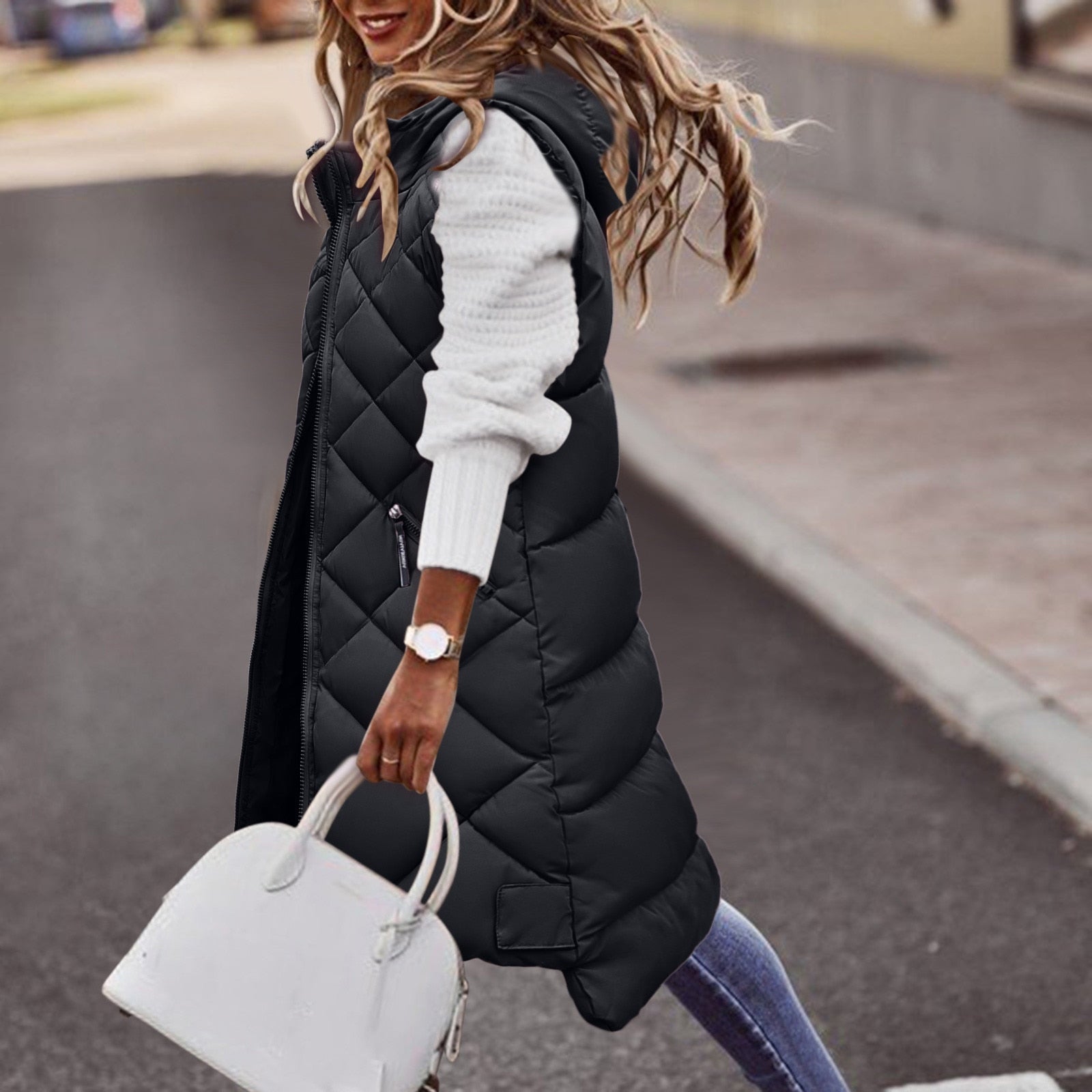SUENTA Damen Lange Puffer-Stil Weste mit Kapuze Herbstsaison Schwarz