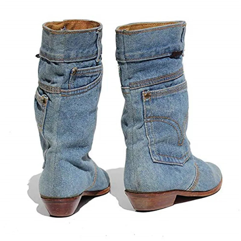 SUENTA Flames Damen Jeans-Stiefeletten - Kleiner Absatz mit Runder Spitze