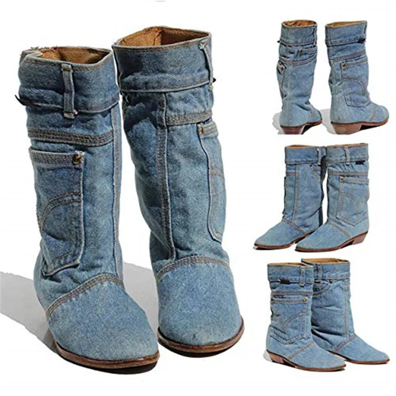 SUENTA Flames Damen Jeans-Stiefeletten - Kleiner Absatz mit Runder Spitze Himmelblau