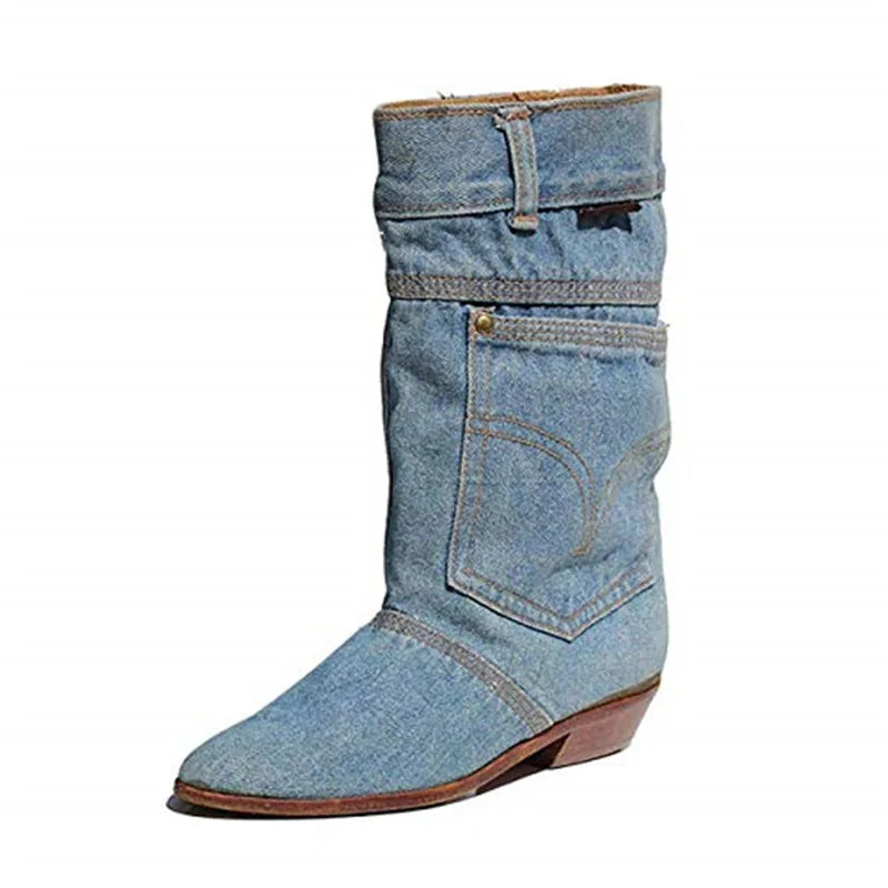 SUENTA Flames Damen Jeans-Stiefeletten - Kleiner Absatz mit Runder Spitze