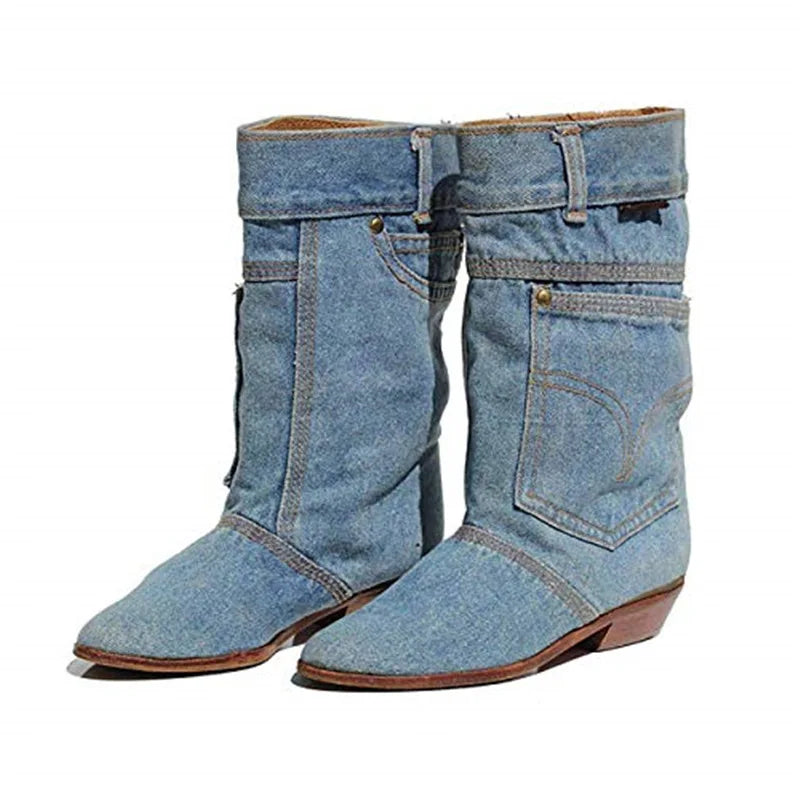 SUENTA Flames Damen Jeans-Stiefeletten - Kleiner Absatz mit Runder Spitze