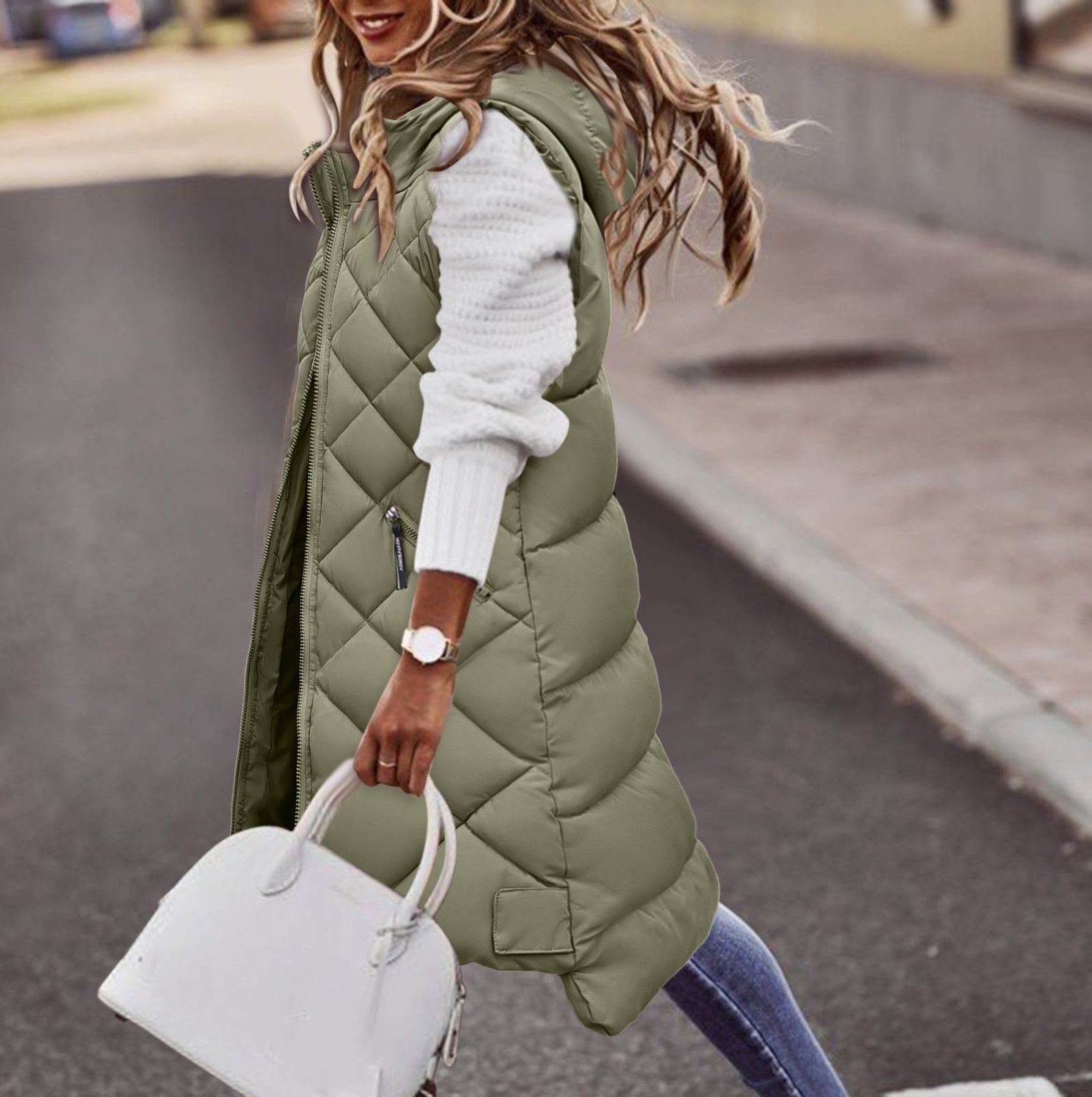 SUENTA Damen Lange Puffer-Stil Weste mit Kapuze Herbstsaison Olivgrün