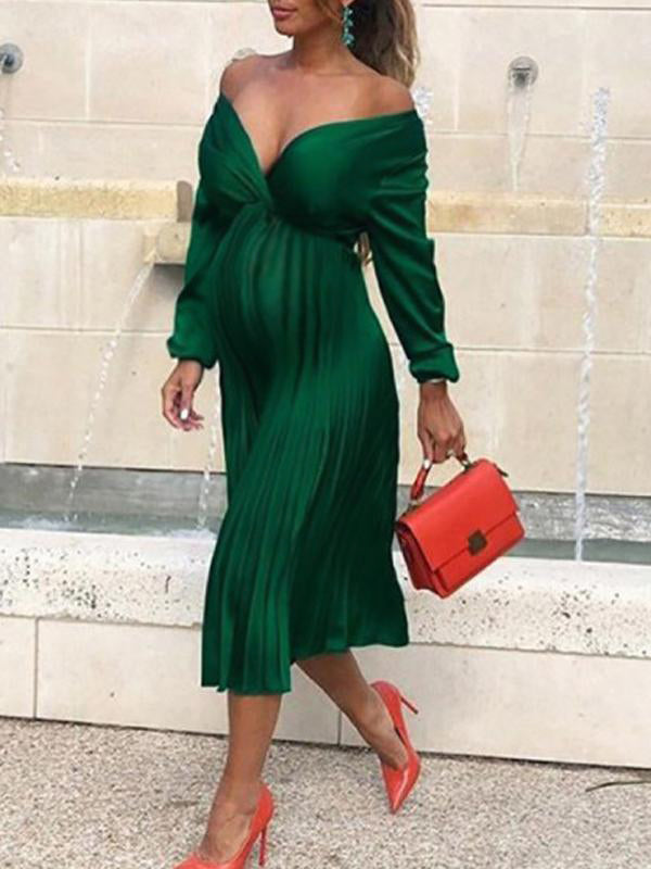 SUENTA Luma | Damen Schwangerschafts-Maxikleid – Schulterfreies Design & Elegante Plissierung Grün