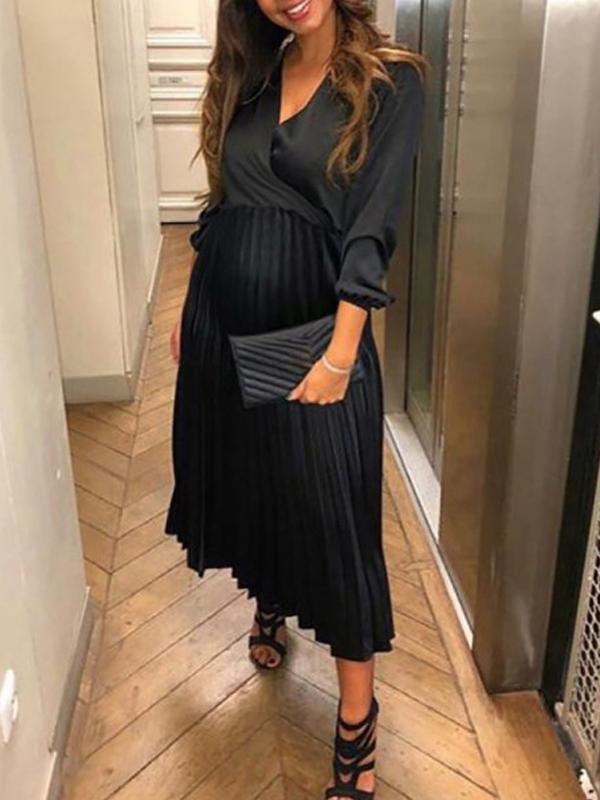 SUENTA Luma | Damen Schwangerschafts-Maxikleid – Schulterfreies Design & Elegante Plissierung Schwarz