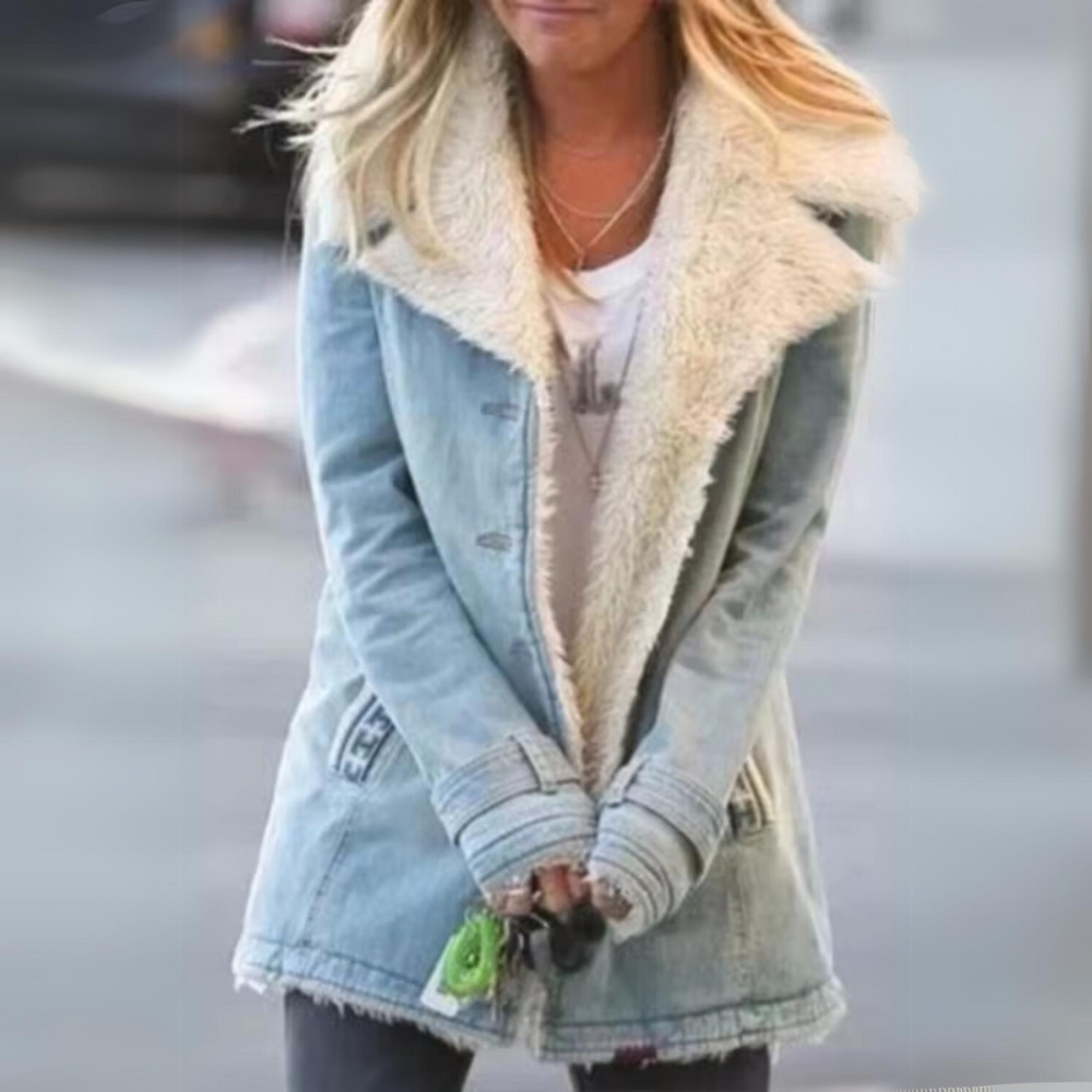 SUENTA Damen Kuschelige Jeansjacke - Gemütliche Wärme und Denim-Look Blau
