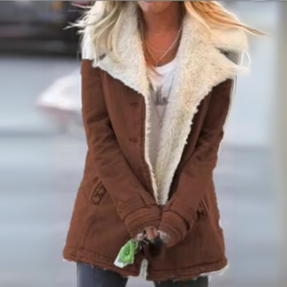 SUENTA Damen Kuschelige Jeansjacke - Gemütliche Wärme und Denim-Look Braun