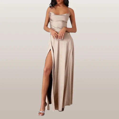 SUENTA Damen Elegantes Maxi-Kleid - Mit Wasserfallausschnitt und Schlitz Beige