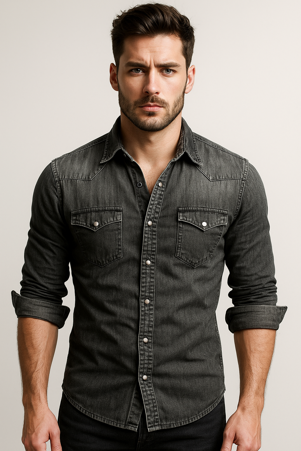 SUENTA Hommes | Herren-Jeanshemd, lässiger Stil, strapazierfähiges Denim, sowohl solo als auch in einer Lage. Schwarz