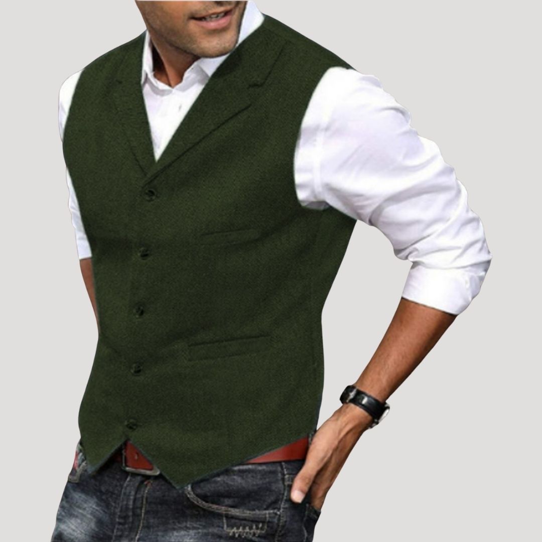 SUENTA Herren-Winterweste Aus Wolltweed Taillierte Passform Reverskragen Dunkelgrün