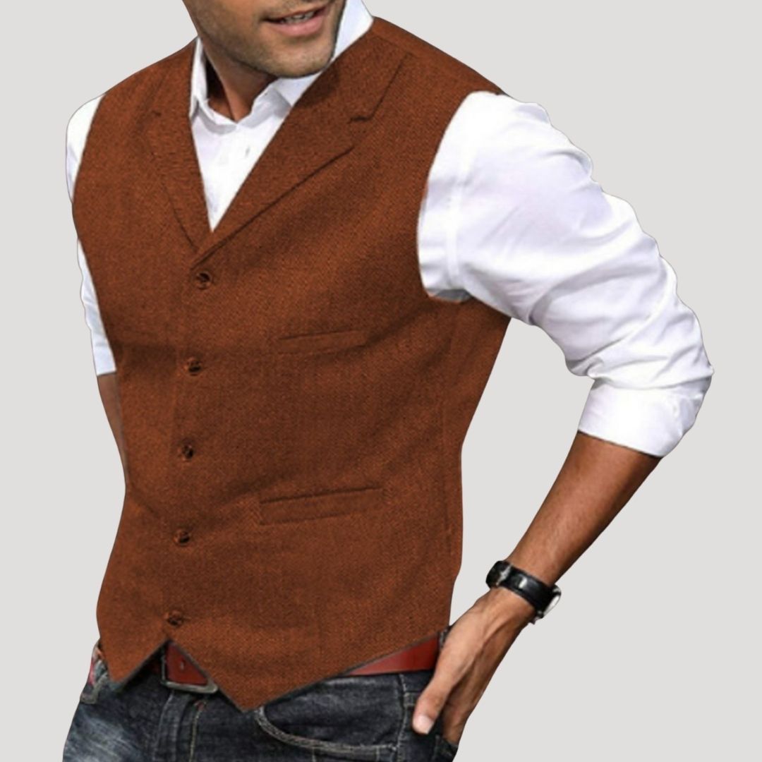 SUENTA Herren-Winterweste Aus Wolltweed Taillierte Passform Reverskragen Dunkelbraun