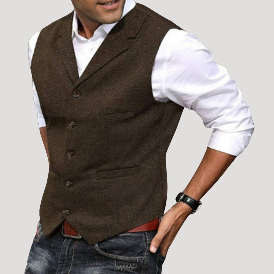 SUENTA Herren-Winterweste Aus Wolltweed Taillierte Passform Reverskragen Braun