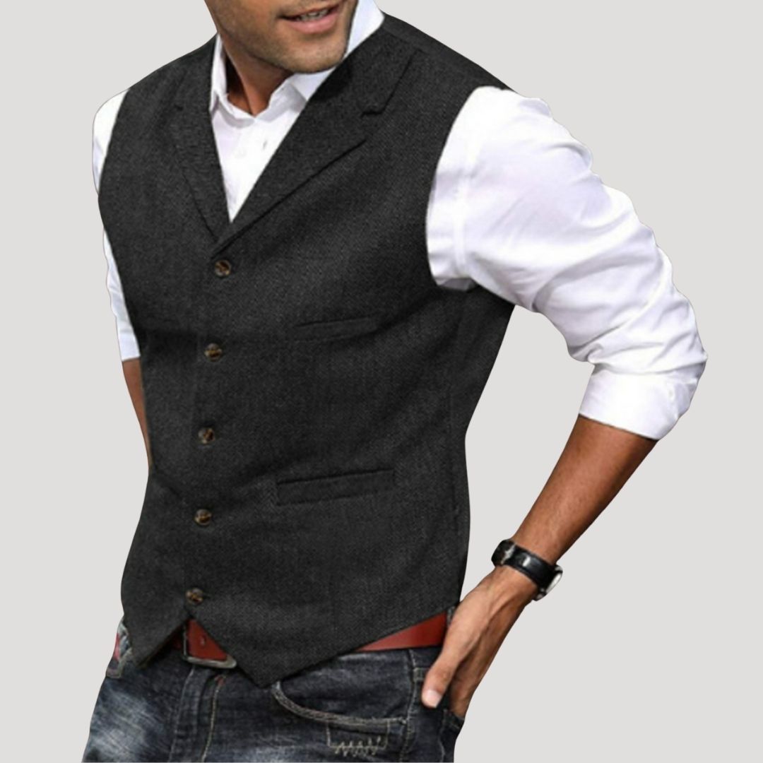 SUENTA Herren-Winterweste Aus Wolltweed Taillierte Passform Reverskragen Dunkelgrau