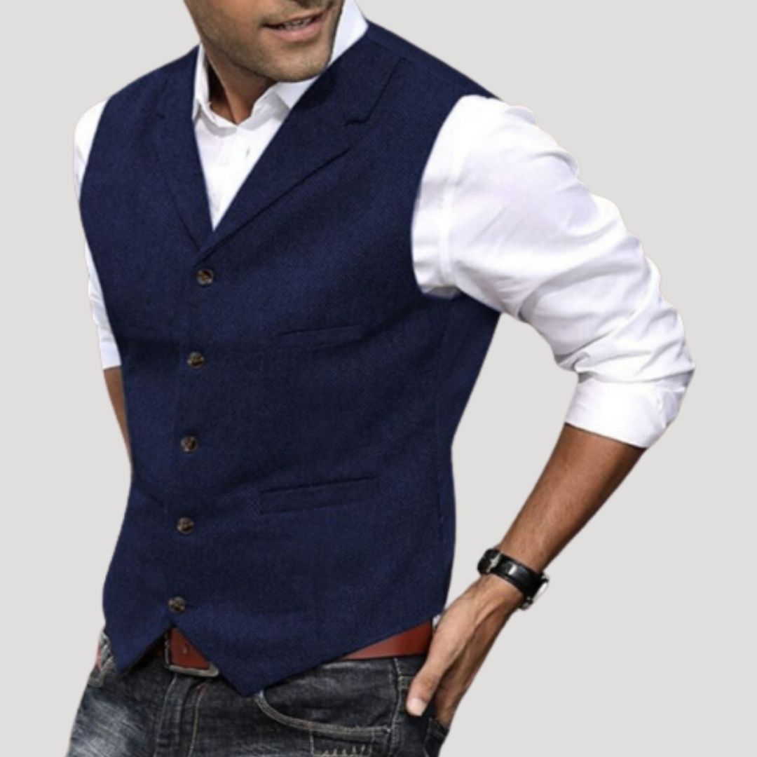 SUENTA Herren-Winterweste Aus Wolltweed Taillierte Passform Reverskragen Blau