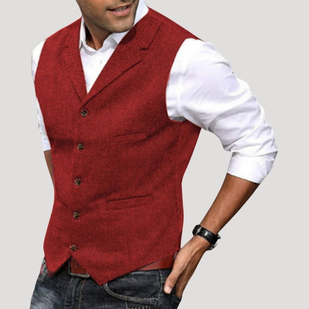 SUENTA Herren-Winterweste Aus Wolltweed Taillierte Passform Reverskragen Rot