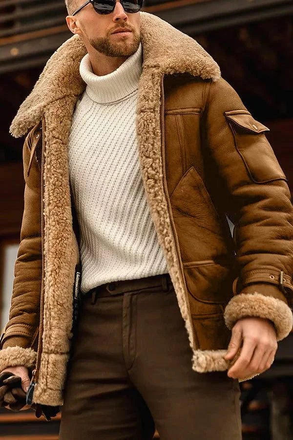 SUENTA Men's Vintage Genuine Sheepskin Aviator Flying Jacket - Warm Camel Shearling Bomber Coat with Fur Collar & Heavy-Duty Zip Braun